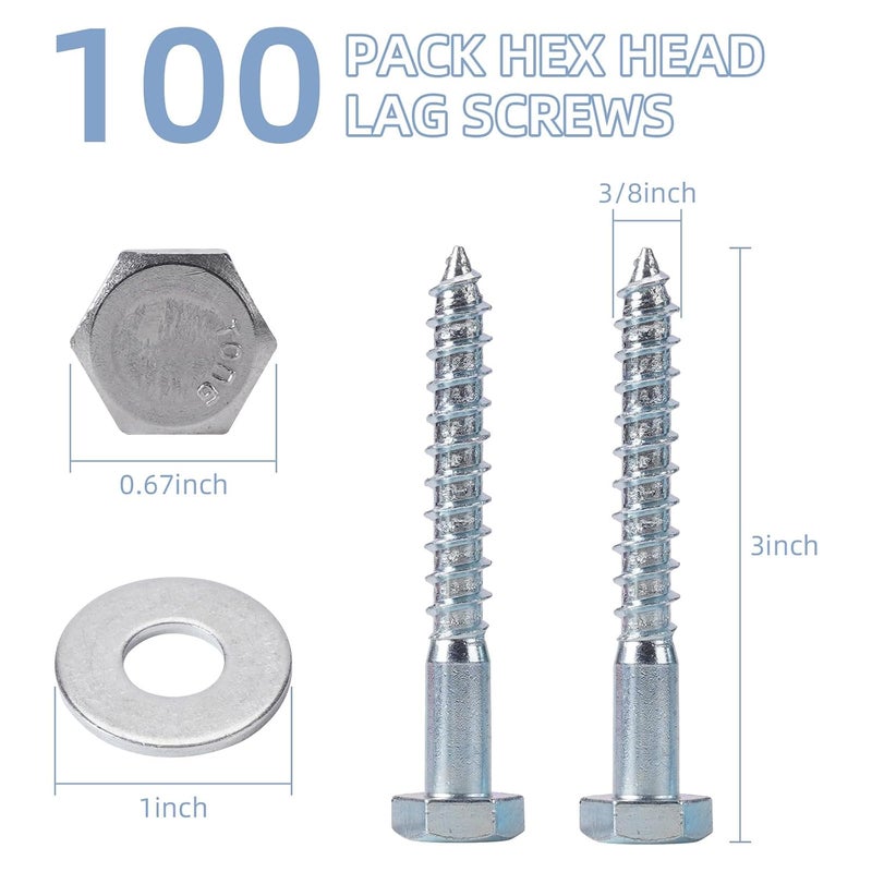 AiVeUao 100 Pack Wood Lag Screws, 3/8" x 3" Hex Head Lag Bolts, Heavy Duty Hex Head Lag Screws, Wood Screw with Washers - Image 2